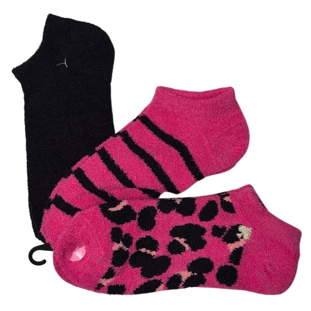 Kate Spade New York 3-Pack Low Cut Cozies Fuzzy‎ Socks Pink Leopard Stripe Black